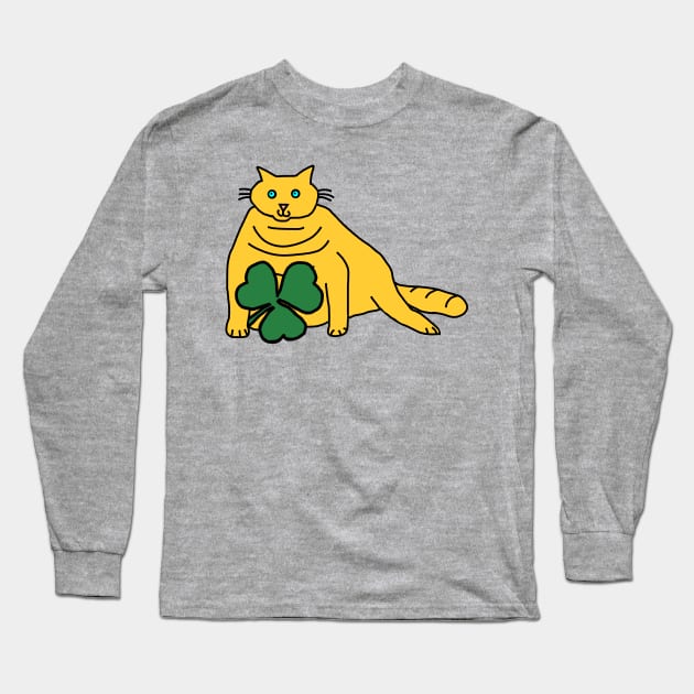 Saint Patricks Day Yellow Chonk Cat with Shamrock Long Sleeve T-Shirt by ellenhenryart